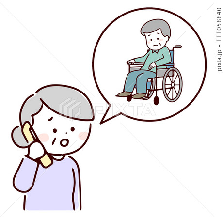 体が不自由なシニア男性を心配して電話で相談しているシニア女性 体が不自由なシニア男性を心配して電話で相談しているシニア女性 111058840