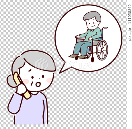 体が不自由なシニア男性を心配して電話で相談しているシニア女性 体が不自由なシニア男性を心配して電話で相談しているシニア女性 111058840