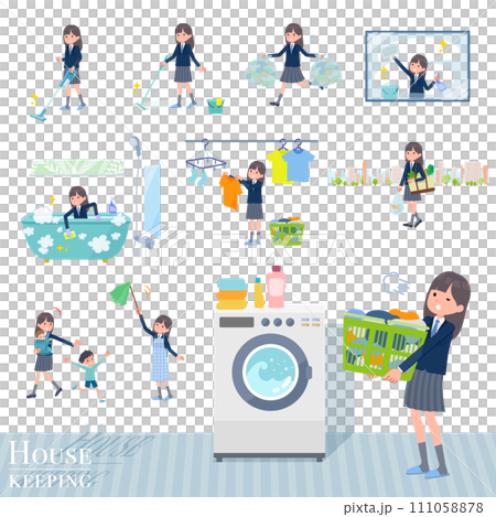 A set of female students in navy blue blazers related to housework such as cleaning and laundry 111058878