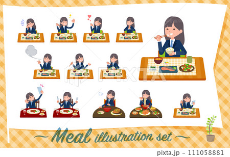 食事に関する紺ブレザー女子学生のセット 111058881