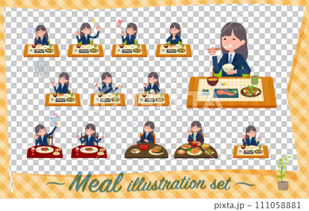 食事に関する紺ブレザー女子学生のセット 111058881