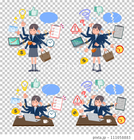 A set of female students in navy blue blazers multitasking in the office 111058883