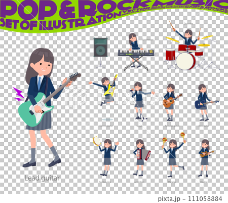ロックンロールやポップミュージックを演奏する紺ブレザー女子学生のセット ロックンロールやポップミュージックを演奏する紺ブレザー女子学生のセット 111058884