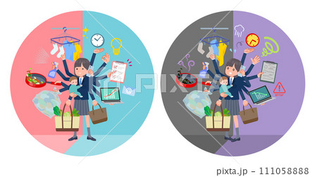 オフィスとプライベートでマルチタスクをこなす紺ブレザー女子学生のセット オフィスとプライベートでマルチタスクをこなす紺ブレザー女子学生のセット 111058888