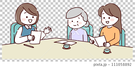 介護保険サービスについて相談している家族 111058892