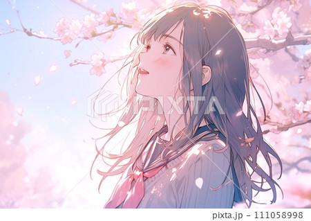 桜の木と制服姿の女の子・学生イメージ「AI生成画像」 111058998
