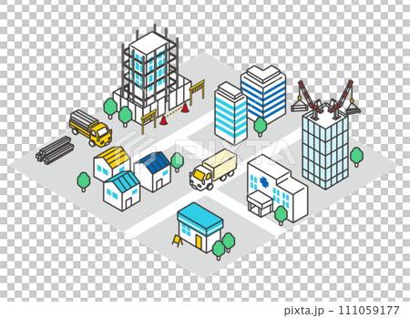 在建建築物和建築街道等距離向量圖素材 在建建築物和建築街道等距離向量圖素材 111059177