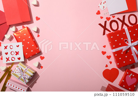 Gifts for Valentine's Day, on a light background, flat lay. Gifts for Valentine's Day, on a light background, flat lay. 111059510