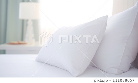 white clean pillow on bed in bedroom. generative AI 111059657