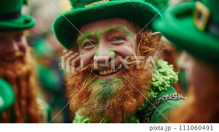 AI-generated content. Senior man at the St. Patrick's Day parade dressed as a leprechaun. Close-up portrait. AI Generated 111060491