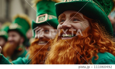 AI-generated content. Senior man at the St. Patrick's Day parade dressed as a leprechaun. Close-up portrait. AI Generated 111060492