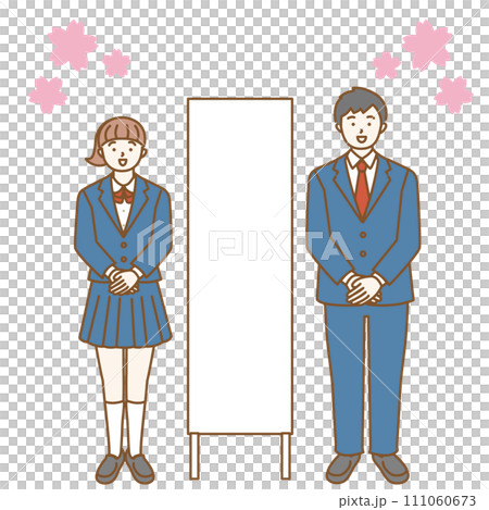 櫻花背景、廣告看板和男女學生 櫻花背景、廣告看板和男女學生 111060673