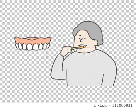 口腔ケアをする高齢女性と入れ歯のイラスト 111060931