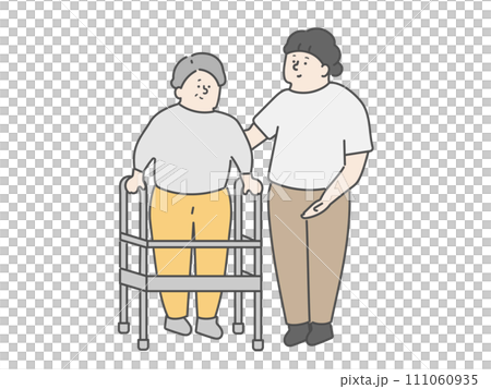 歩行器を使用する高齢男性と女性介護士 歩行器を使用する高齢男性と女性介護士 111060935