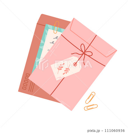 Stack of mail. Craft paper envelopes. Delivery, message, communication concept. Isolated vector illustration. 111060936