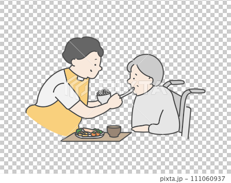高齢女性の食事介助をする女性介護士 高齢女性の食事介助をする女性介護士 111060937