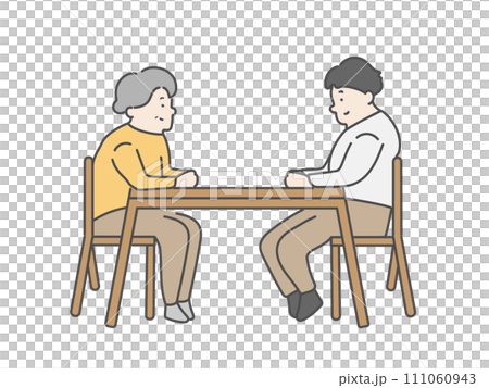 話し合いをする高齢女性と男性介護士 話し合いをする高齢女性と男性介護士 111060943