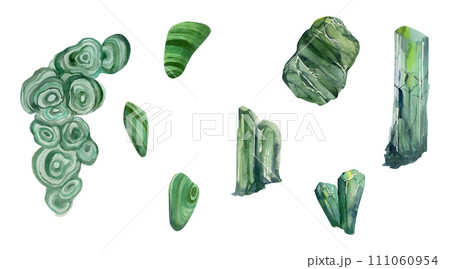 Hand drawn watercolor illustration precious semiprecious jewel gem crystal chakra birth stone. Malachite emerald green. Set of objects isolated on white background. Design print, shop, jewelry fashion Hand drawn watercolor illustration precious semiprecious jewel gem crystal chakra birth stone. Malachite emerald green. Set of objects isolated on white background. Design print, shop, jewelry fashion 111060954