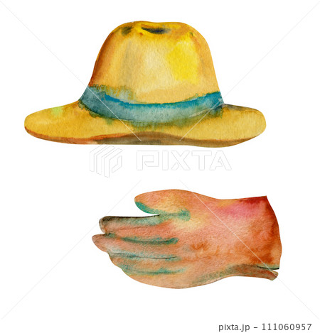 Hand drawn watercolor illustration spring gardening tools, brown leather working gloves accessory, straw hat. Single object isolated on white background. Design print, shop, scrapbooking, packaging Hand drawn watercolor illustration spring gardening tools, brown leather working gloves accessory, straw hat. Single object isolated on white background. Design print, shop, scrapbooking, packaging 111060957