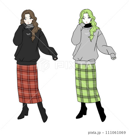 チェックのタイトスカート　おしゃれな女性 111061069