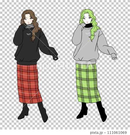 チェックのタイトスカート　おしゃれな女性 111061069