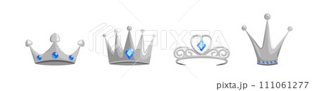 Silver crowns and tiaras set. Blue emerald jewelry for queens and princes Silver crowns and tiaras set. Blue emerald jewelry for queens and princes 111061277