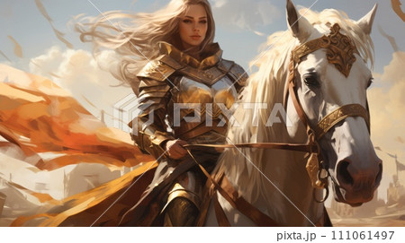 Art of a Beautiful female knight in shiny metal riding on a horse. Illustration of an attractive young woman in royal armor riding through a forest. Painting of a princess in armor riding on a horse. 111061497