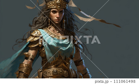 Art of an Egyptian goddess warrior. Beautiful female in golden armor illustration. Concept art of an Egyptian woman in golden plate armor. 111061498