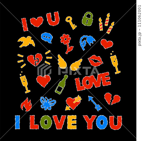 Valentines day symbols. Color torn paper stickers for scrapbook collage. Pieces of cardboard with rough edge. Cute romantic love icons such as heart, kiss, flower, champagne and letters I love you 111062001