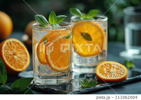 Two glasses of detox water infused with citrus. Two glasses of detox water infused with citrus. 111062004