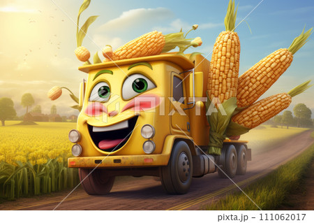A cheerful yellow animated truck is carrying corn. A cheerful yellow animated truck is carrying corn. 111062017
