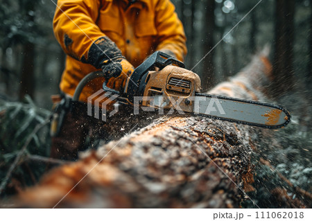 Lumberjack sawing a tree trunk with a chainsaw 111062018