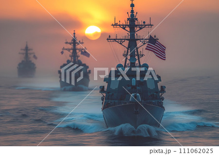 Warships with US flag at sea. 111062025
