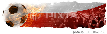 Sport fans attending match, cheering up team of Poland. Combination of burning soccer ball and national flag 111062037