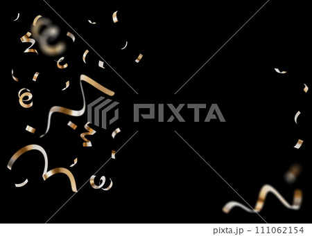 Golden confetti isolated on black background. Shiny particles, close up view. Party, Merry Christmas, New year, Birthday decoration. Cut out. Perfect for celebrations, invitations, festive design. 3D. 111062154