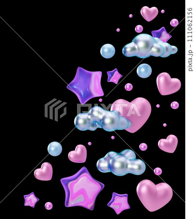 Vibrant purple stars, shiny hearts, clouds isolated on black background. Border, corner design element. Party, Valentines Day, Birthday decoration. Cut out. Perfect for celebrations, invitations. 3D. 111062156