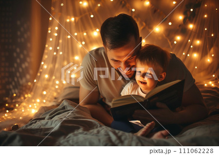 AI-generated content. Bedtime, father reads book to his child 111062228