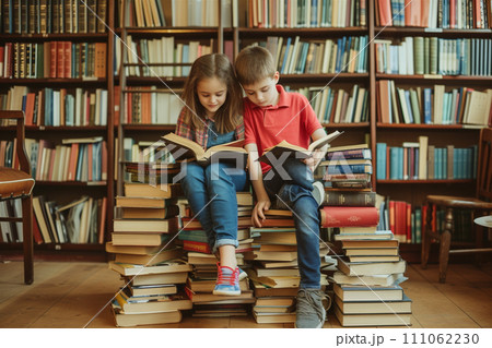 AI-generated content. Book day concept - two children sit on pile of books and red, library 111062230