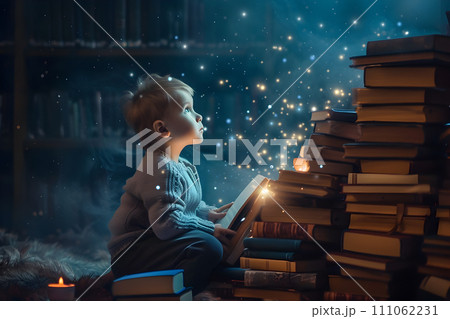 AI-generated content. Book day - child hilds an ope book, magical ligths come out of it 111062231