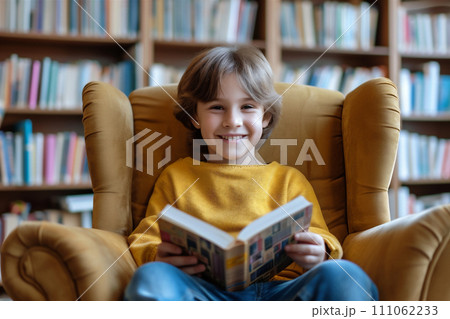 AI-generated content. Book day - child reads a book in comfortable chair in the library 111062233