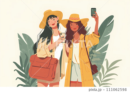 自撮りをする旅行を楽しむ2人の女性 111062598