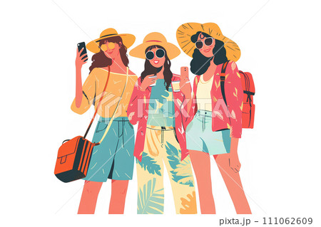 自撮りをする旅行を楽しむ3人の女性 自撮りをする旅行を楽しむ3人の女性 111062609