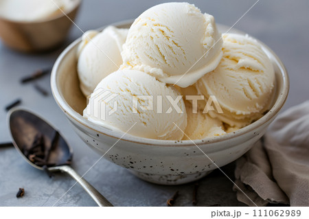 AI-generated content. Vanilla ice cream in bowl, rustic background AI-generated content. Vanilla ice cream in bowl, rustic background 111062989