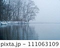 朝もやの湖の湖畔の木々。北海道の屈斜路湖。 111063109