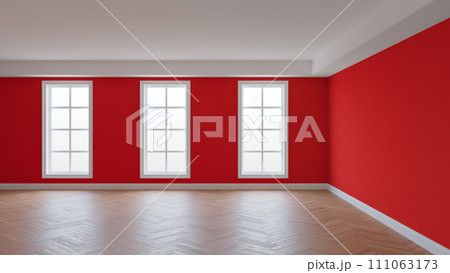 Interior with Red Walls, White Ceiling and Conrnice, Three Large Windows, Herringbone Parquet Flooring and a White Plinth. Beautiful Concept of the Room, 3D Rendering. 8K Ultra HD, 7680x4320, 300 dpi Interior with Red Walls, White Ceiling and Conrnice, Three Large Windows, Herringbone Parquet Flooring and a White Plinth. Beautiful Concept of the Room, 3D Rendering. 8K Ultra HD, 7680x4320, 300 dpi 111063173