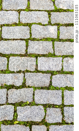 Texture of green grass sprouted between bricks of cobblestone path, top view. Concept of harmonious fusion of city and nature 111063185