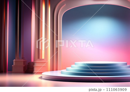 3D abstract studio with a podium on a pedestal. Empty studio with a bright hologram glow effect in soft pastel colors 111063909