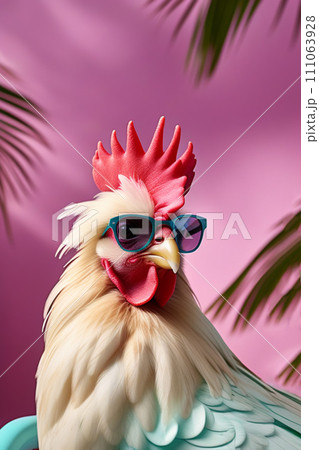 A funny rooster with turquoise feathers in a colorful shirt and glasses, on a bright crimson background. design for printing t-shirts, mugs, covers, etc. 111063928