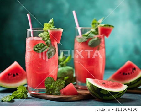 A cold summer cocktail, a watermelon margarita or mojito with watermelon and lime slices, crushed ice and mint. Seasonal refreshing drink on dark green background A cold summer cocktail, a watermelon margarita or mojito with watermelon and lime slices, crushed ice and mint. Seasonal refreshing drink on dark green background 111064100