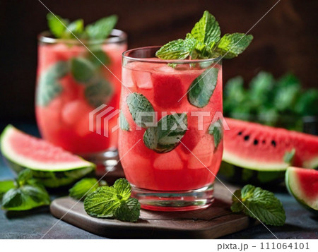 A cold summer cocktail, a watermelon margarita or mojito with watermelon and lime slices, crushed ice and mint. Seasonal refreshing drink on dark background A cold summer cocktail, a watermelon margarita or mojito with watermelon and lime slices, crushed ice and mint. Seasonal refreshing drink on dark background 111064101